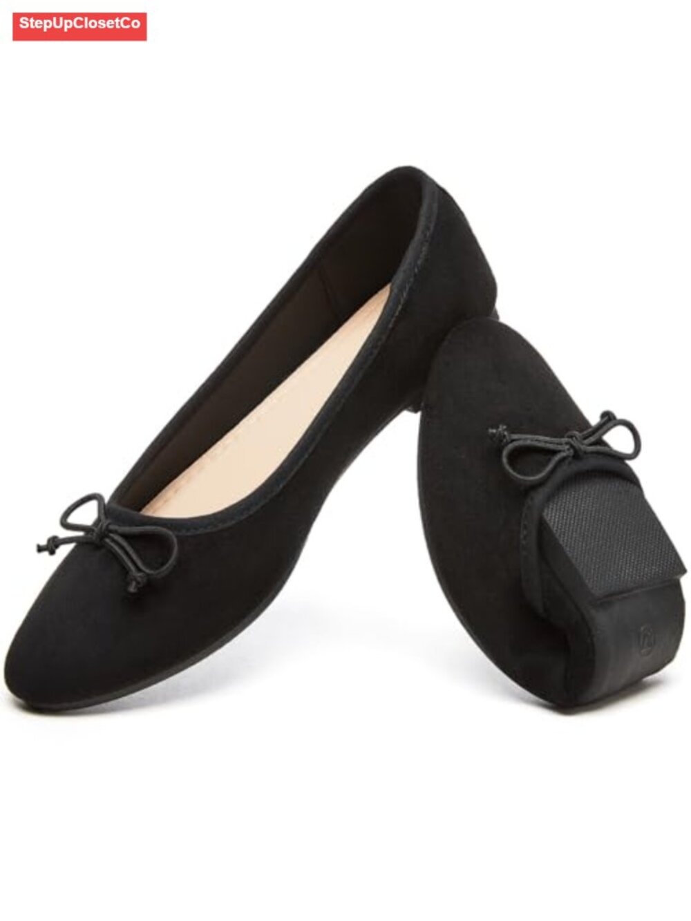 Suede Ballet Flats with Bow Slip On Round Toe Memory Foam Foldable